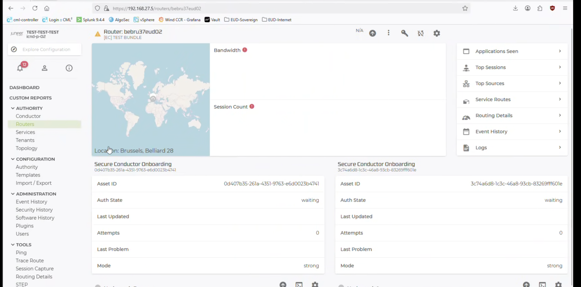 Conductor Routers page showing a Secure Conductor Onboarding panel for each node, with Asset ID, Auth State, Last Updated, Attempts, Last Problem, and Mode fields