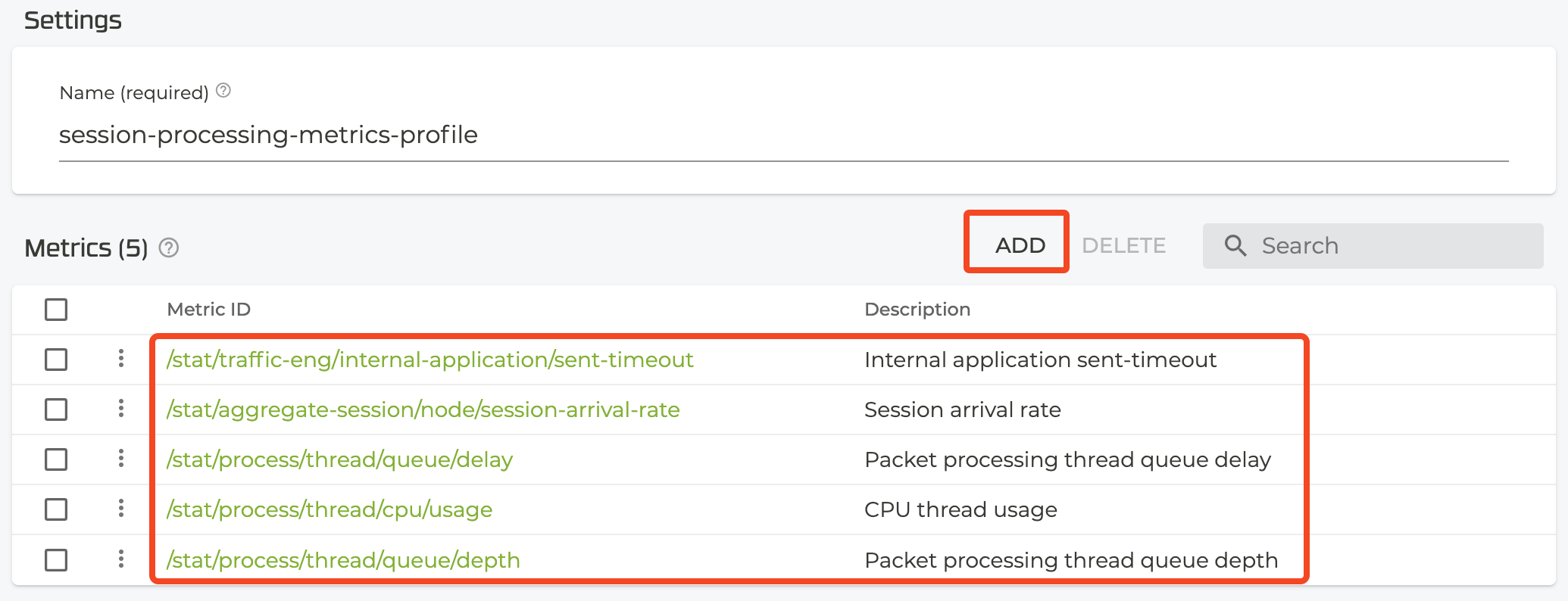 Session processing metrics profile